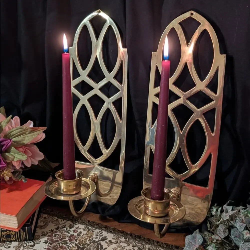 Vintage Solid Brass Wall Sconce Pair Art Deco Geometric Statement Candle Holders